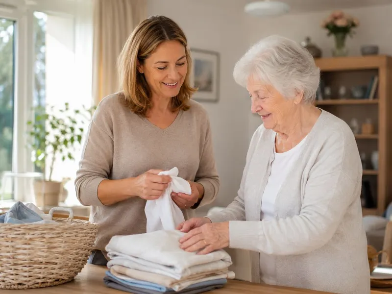 Haushaltshilfe legt gemeinsam mit einer Seniorin frische Wäsche zusammen